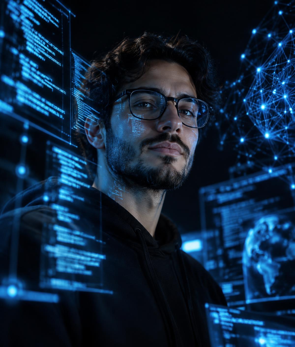 Engineer surrounded by holographic code